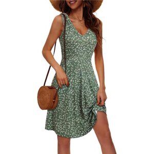 Green Floral Womens Sleeveless V Neck Dress with Pocket Summer Beach